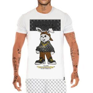 Avenue George V Paris Short Set Men's White 2 piece set Rabbit Rhinestone 2XL